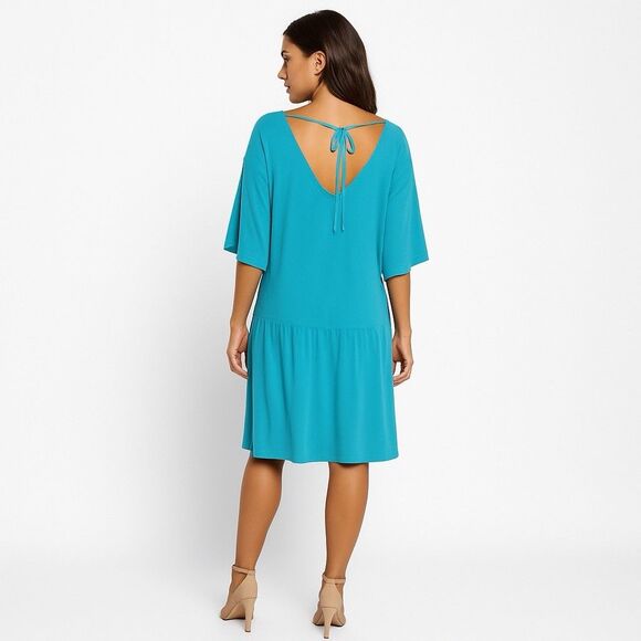 Eileen Fisher Turquoise V-Neck Dress Sz Large Coastal Chic Lightweight Flowy - Picture 2 of 16